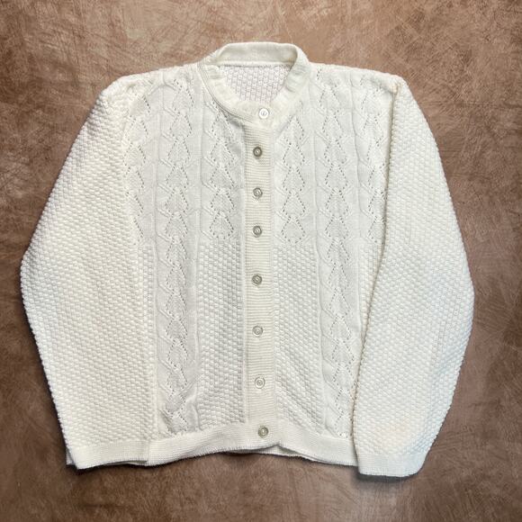 Vintage 60s Waffle Cable Knit Textured Cardigan Sweater White Button Up Cottage - Picture 4 of 4